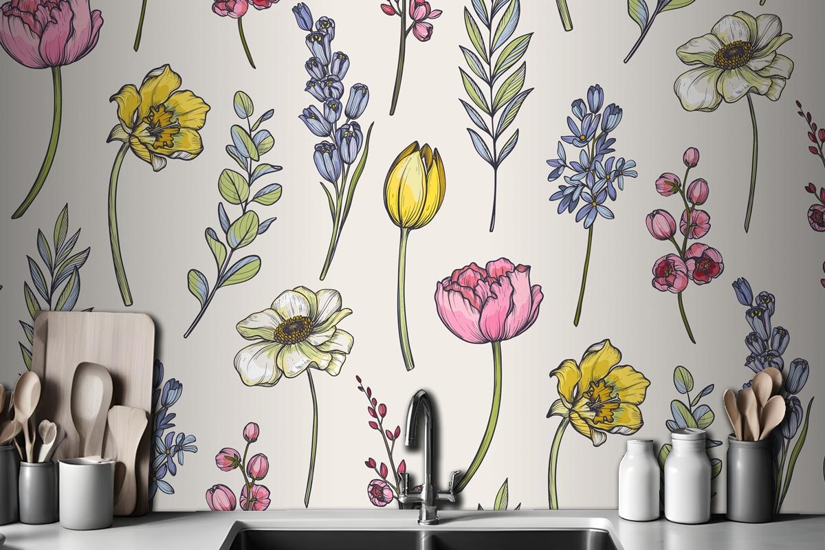 Seamless Pattern With Bouquets Of Spring Flowers Wallpaper Mural