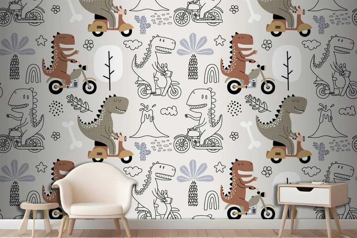 Seamless Pattern With Cute Dinosaur Riding A Motorbike Wallpaper Mural