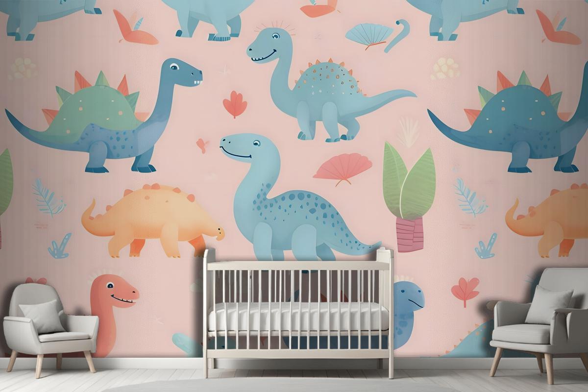 Seamless Pattern With Cute Dinosaurs Cute Dinosaurs Wallpaper Mural