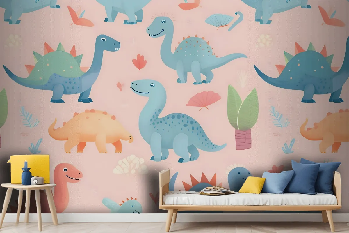 Seamless Pattern With Cute Dinosaurs Cute Dinosaurs Wallpaper Mural