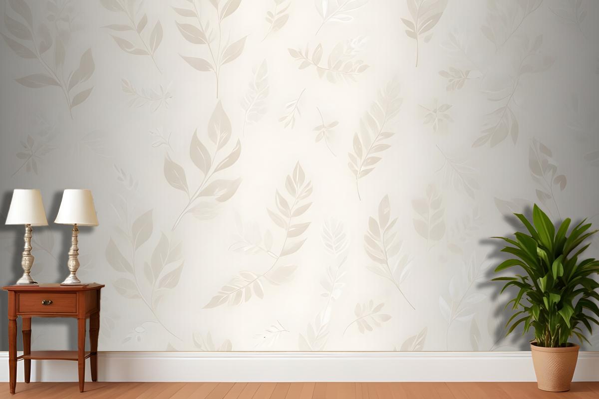 Seamless Pattern With Delicate White Leaves And Floral Elements On A Light Beige Wallpaper Mural