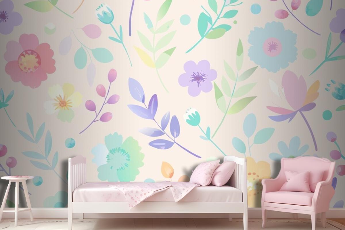 Seamless Pattern With Flowers And Leaves In Pastel Colors Wallpaper Mural