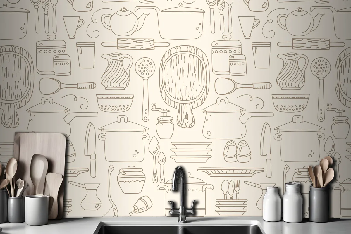 Seamless Pattern With Kitchen Utensils On Beige Wallpaper Mural