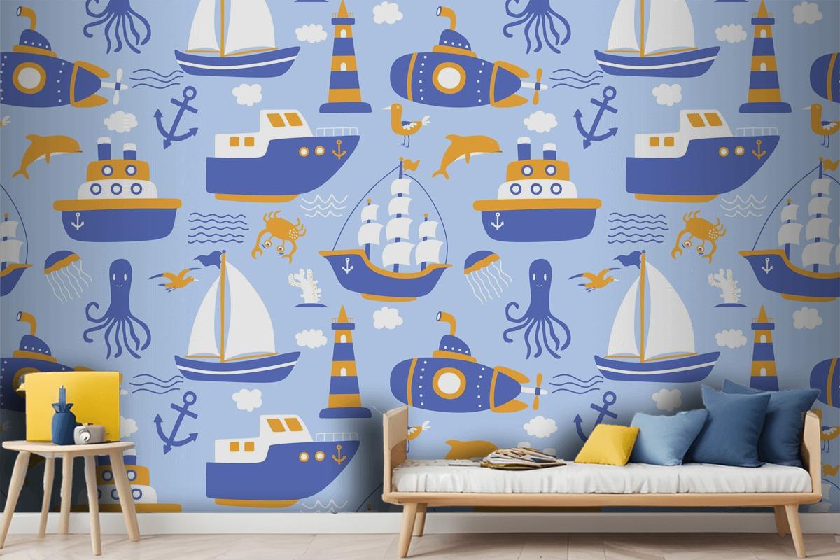 Seamless Pattern With Ships Wallpaper Mural