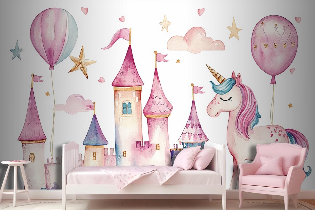 Set Of Cute Watercolor Kingdom Unicorn And Castle For Kids Book Birthday Party Wallpaper Mural