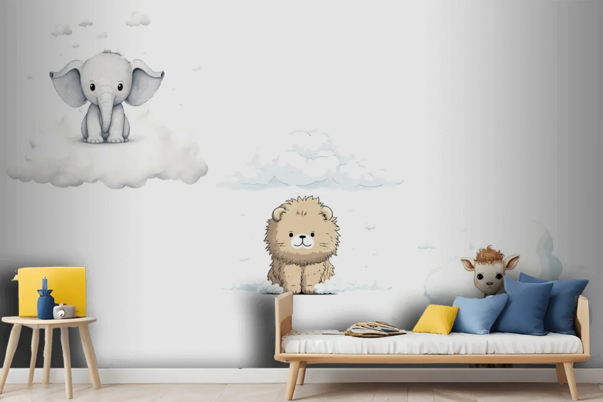 Set Sute Baby Funny Animals Elephant Giraffe Lion Wallpaper Mural