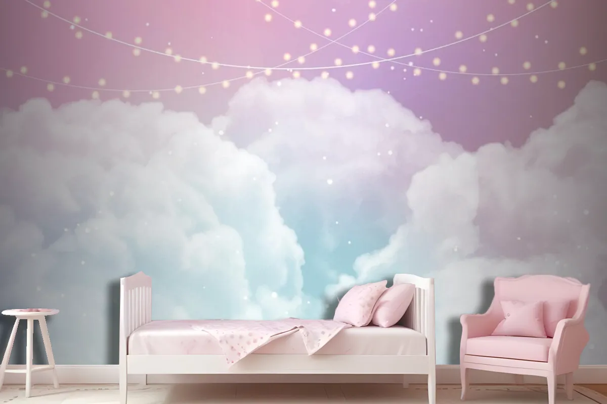 Sky Background With Sugar Cotton Candy Clouds And Stars Design Wallpaper Mural