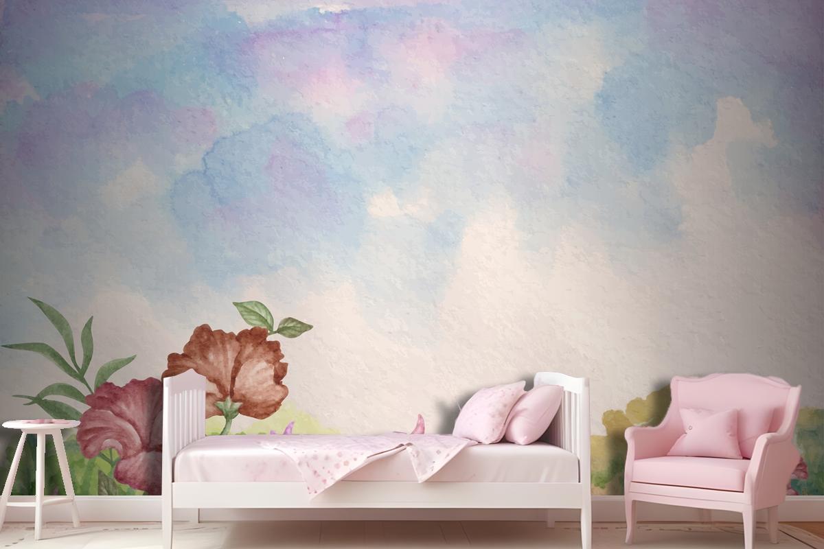 Sky View Watercolor Landscape Background With Flowers Wallpaper Mural