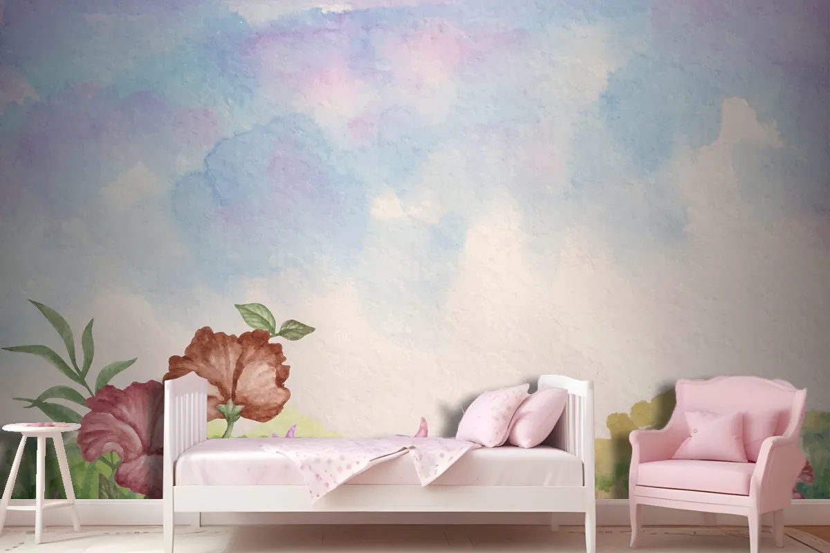 Sky View Watercolor Landscape Background With Flowers Wallpaper Mural