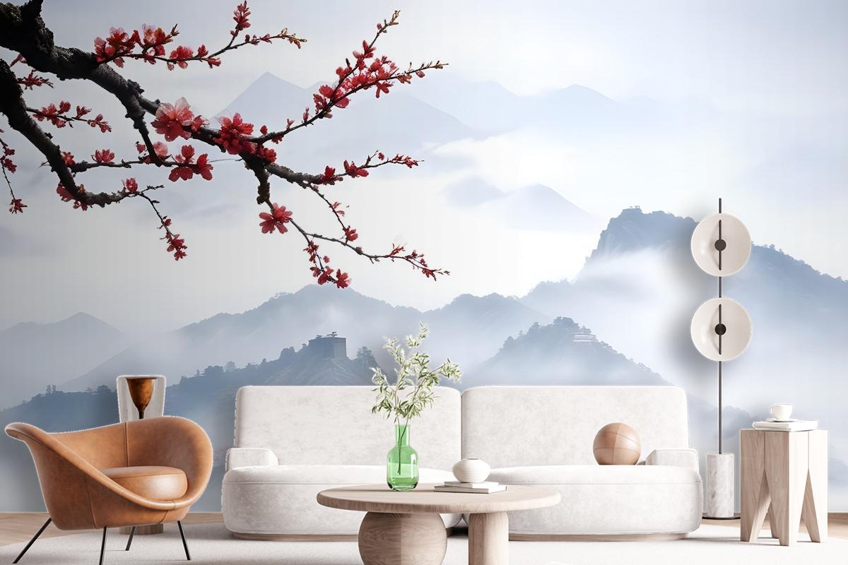 Snowy Mountainscape With Cherry Blossom Wallpaper Mural