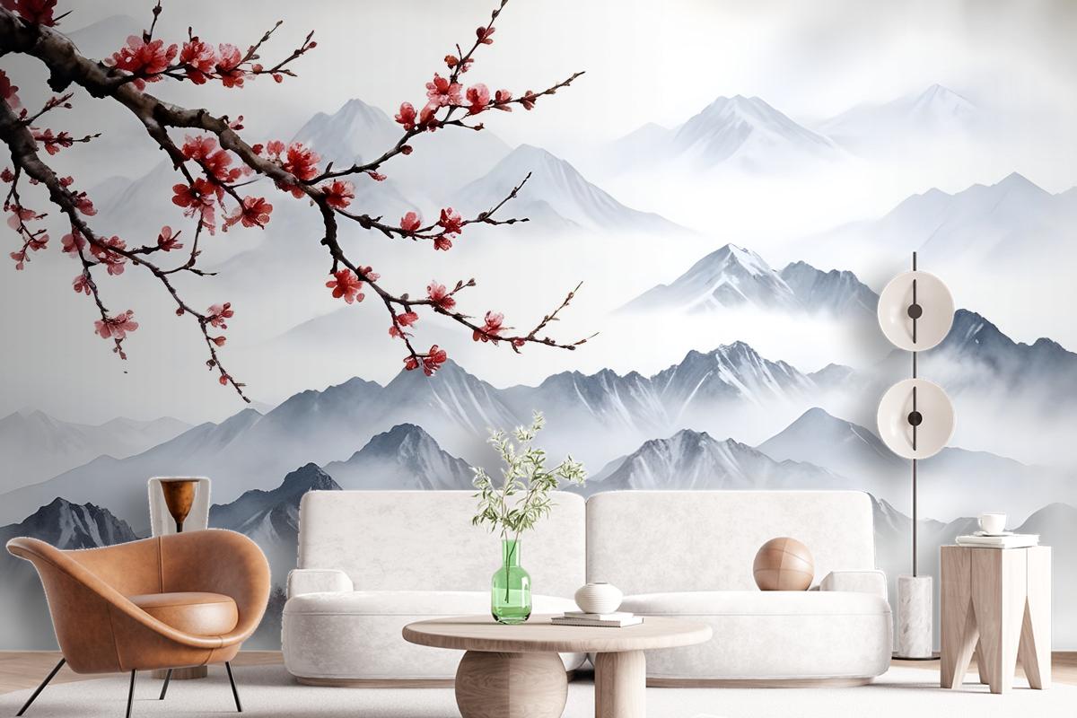 Snowy Mountainscape With Cherry Blossom Wallpaper Mural