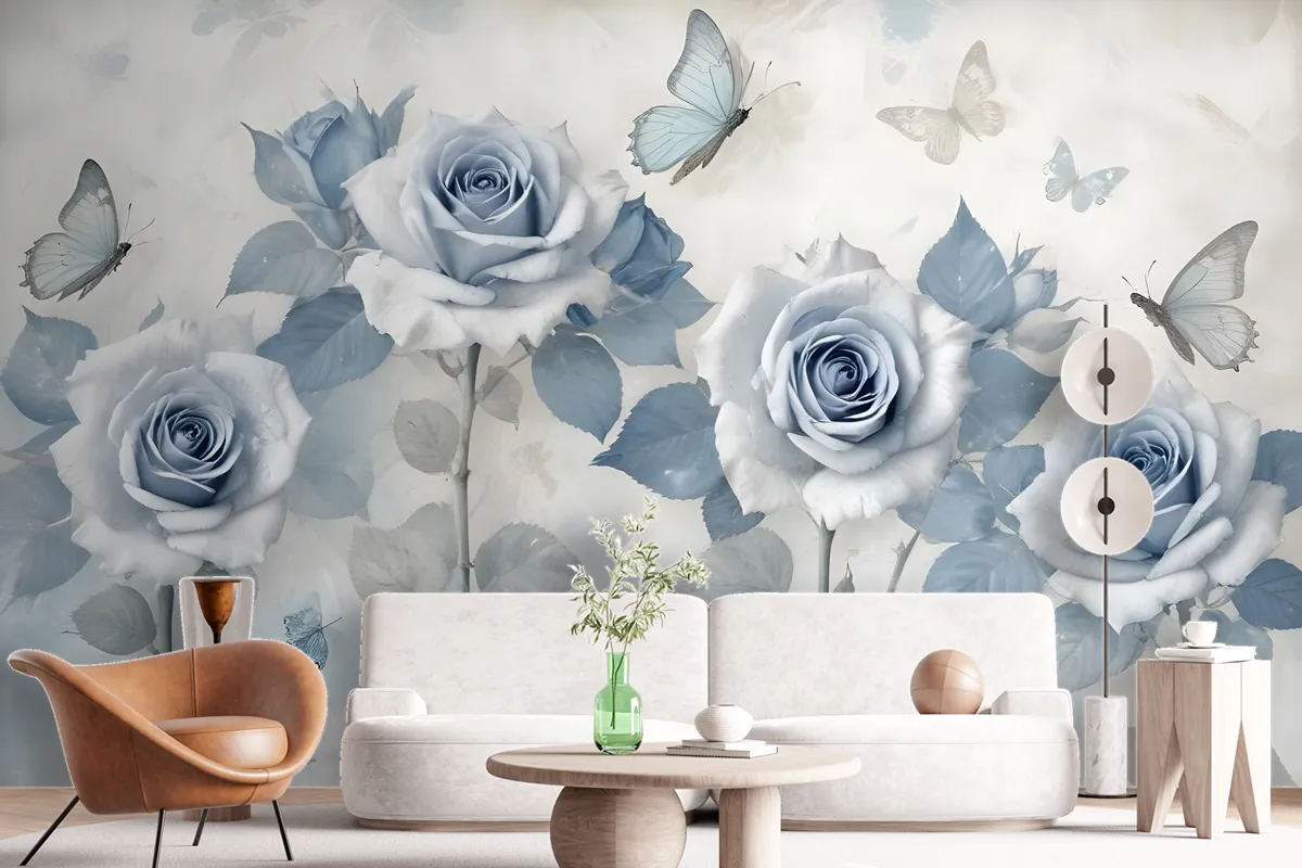 Soft Blue Floral Wallpaper Mural