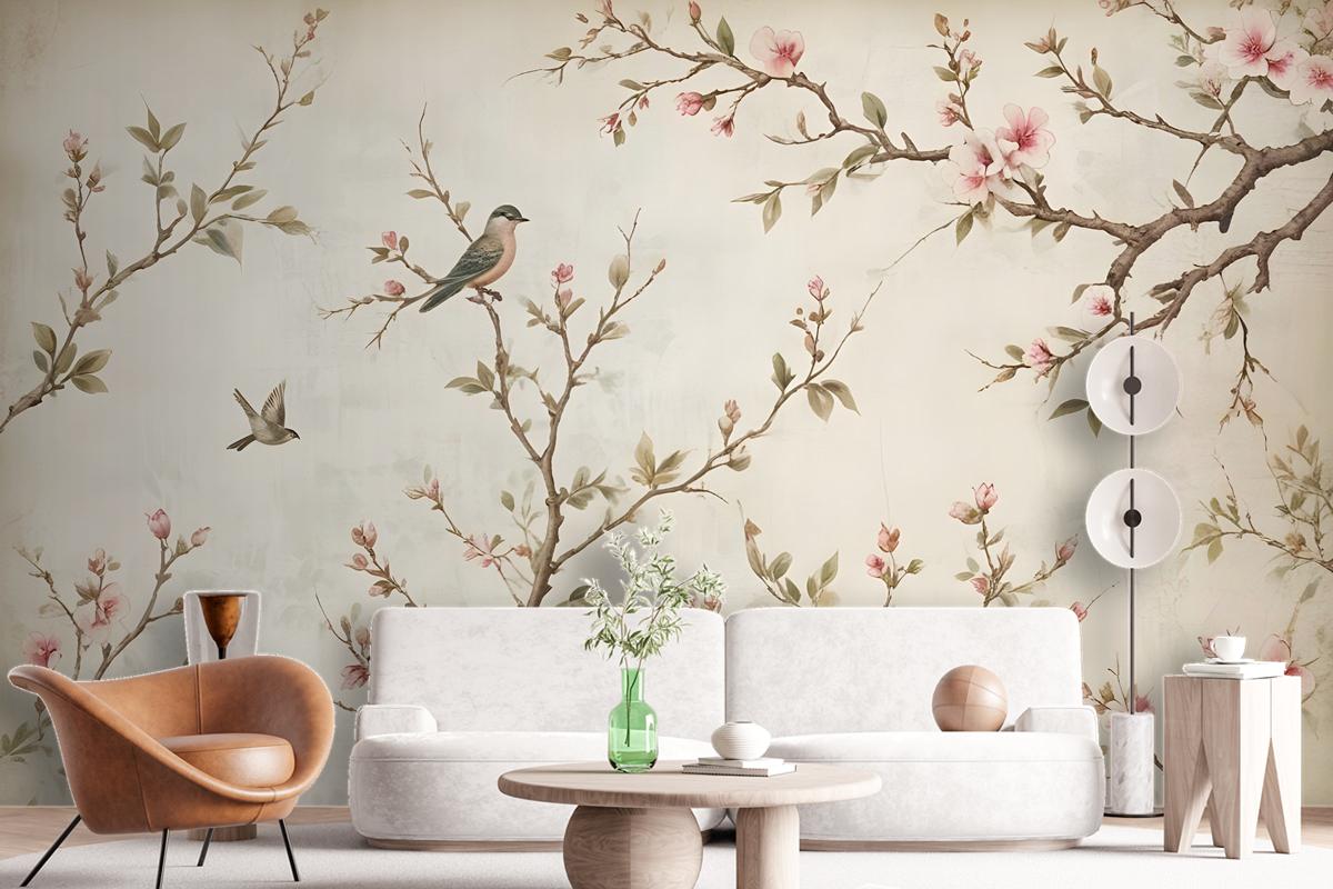 Soft Chinese Florals With Little Birds Wallpaper Mural