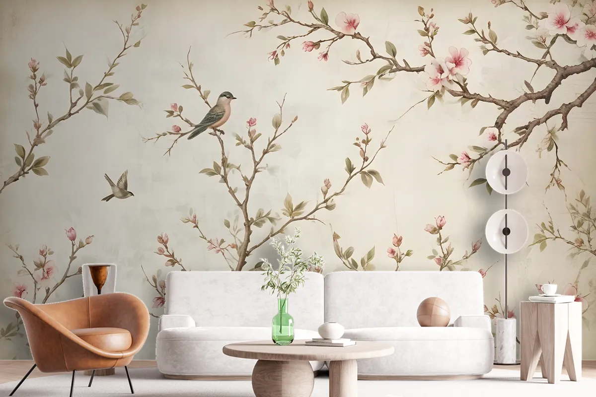 Soft Chinese Florals With Little Birds Wallpaper Mural