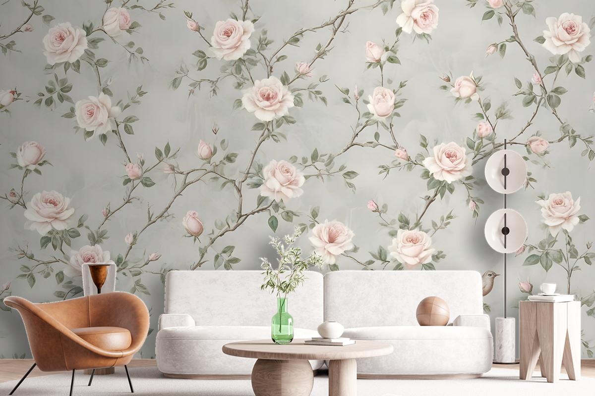 Soft Chinoiserie Peony Tree Blossom Art Wallpaper Mural