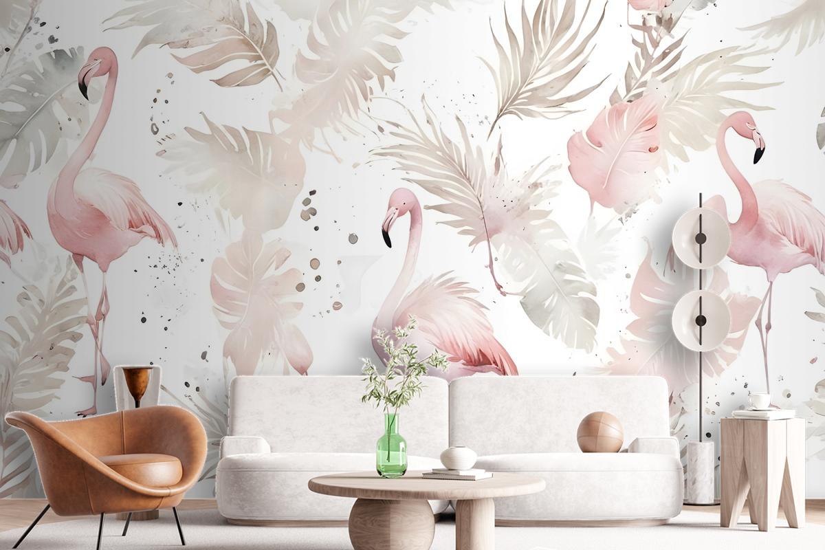 Soft Flamingo Art With Boho Tropical Leaf Wallpaper Mural