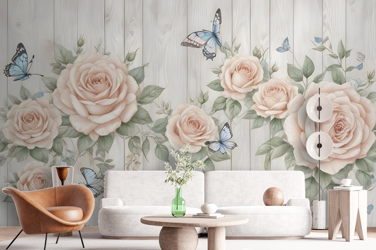 Soft Floral With Butterfly Wallpaper Mural