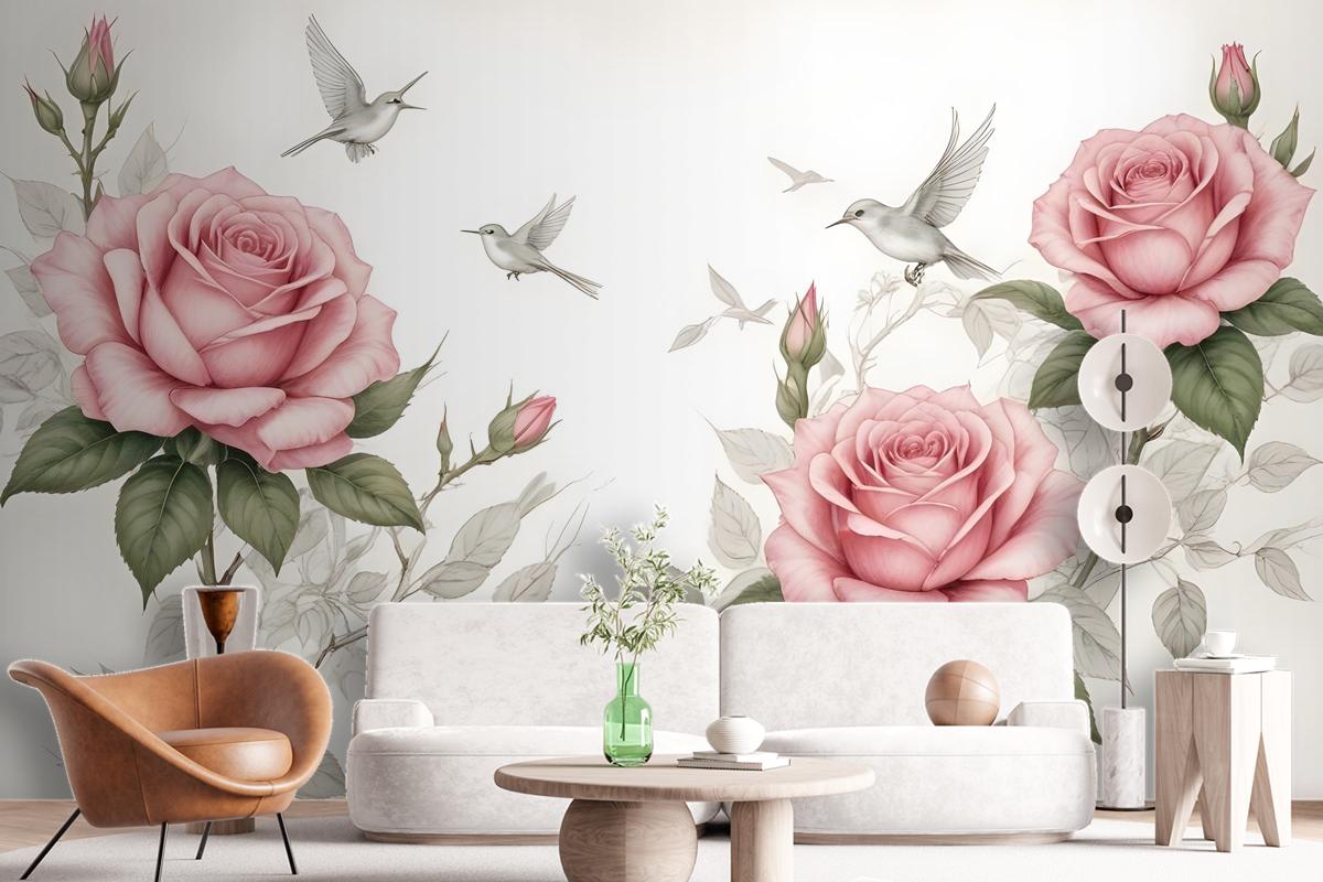 Soft Pink Flower And Charcoal Drawing Roses Wallpaper Mural