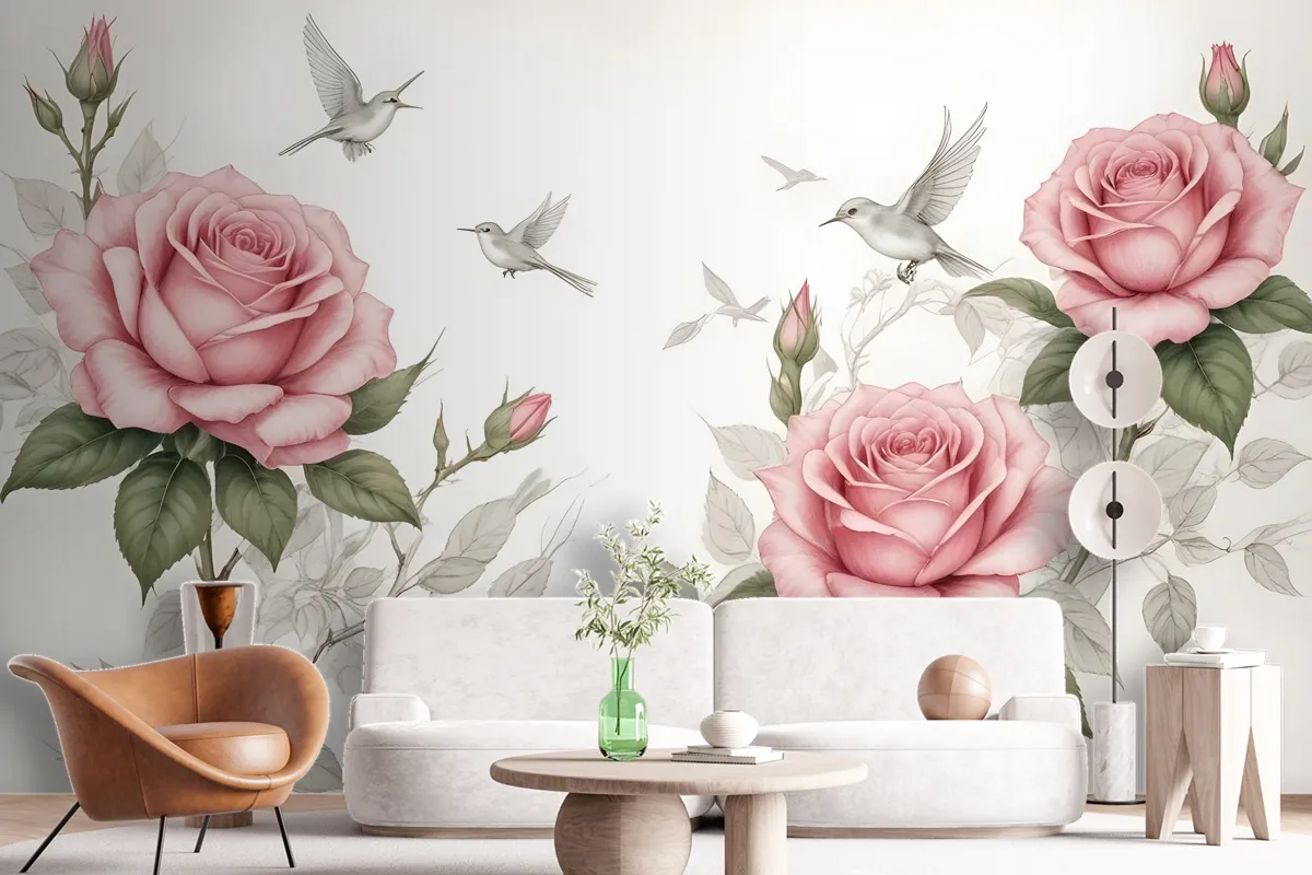 Soft Pink Flower And Charcoal Drawing Roses Wallpaper Mural