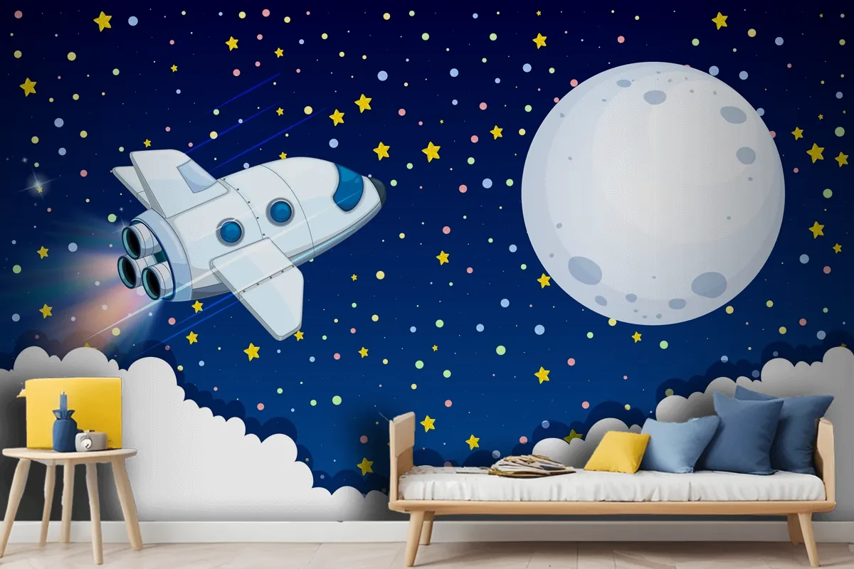 Spaceship Flying To The Moon Wallpaper Mural