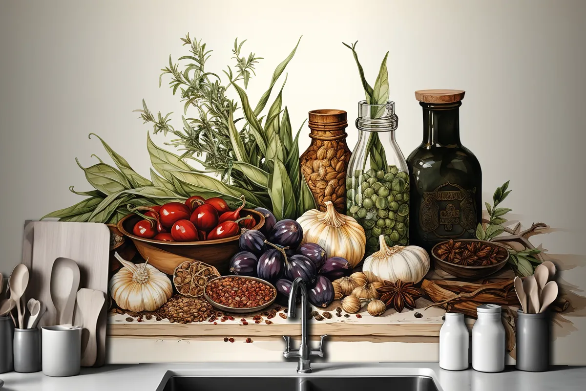 Spices And Herbs On Table Food And Cuisine Ingredients On Table Wallpaper Mural