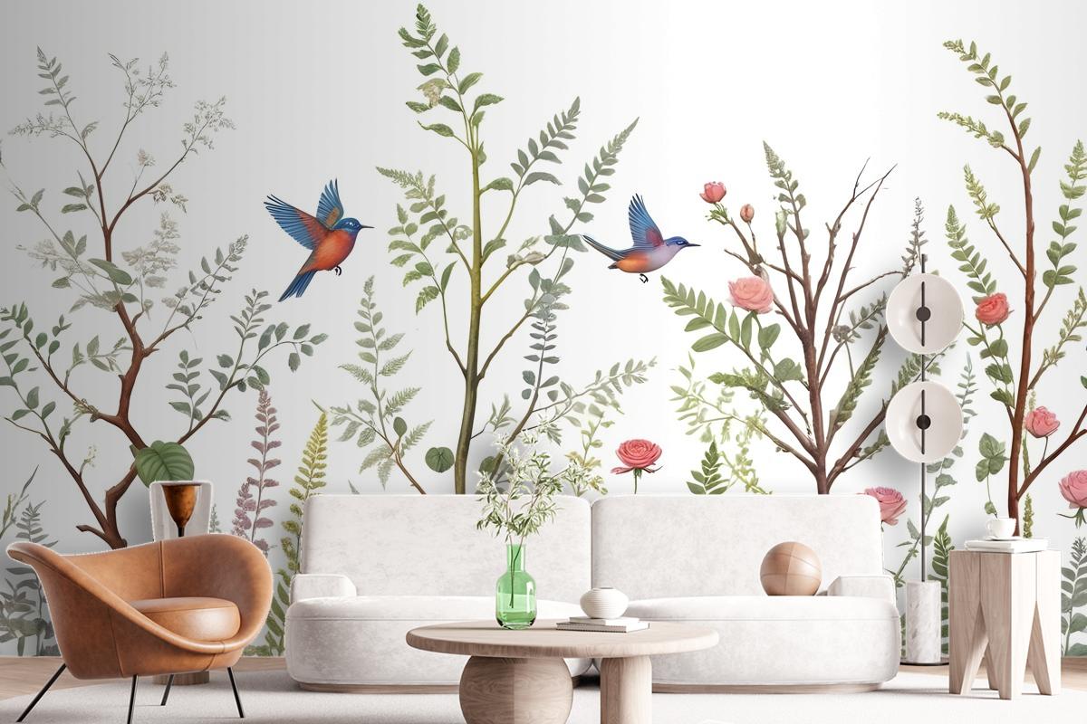 Spring Flower With Birds On The Trees Wallpaper Mural