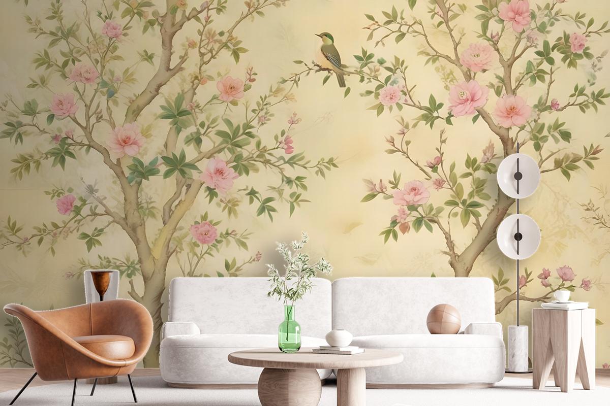 Spring Flowers Birds On The Yellow Background Floral Chinoiserie Wallpaper Mural