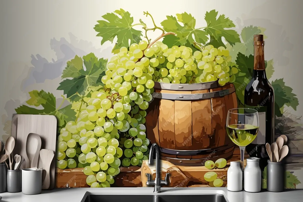 Still Life With Bottle Of White Wine Glass Of Wine And Grapes On Table In Vineyards Wallpaper Mural