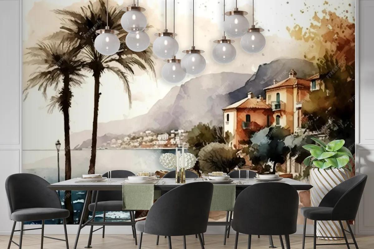 Stunning Landscape Painting With Seaside City Silhouette Wallpaper Mural