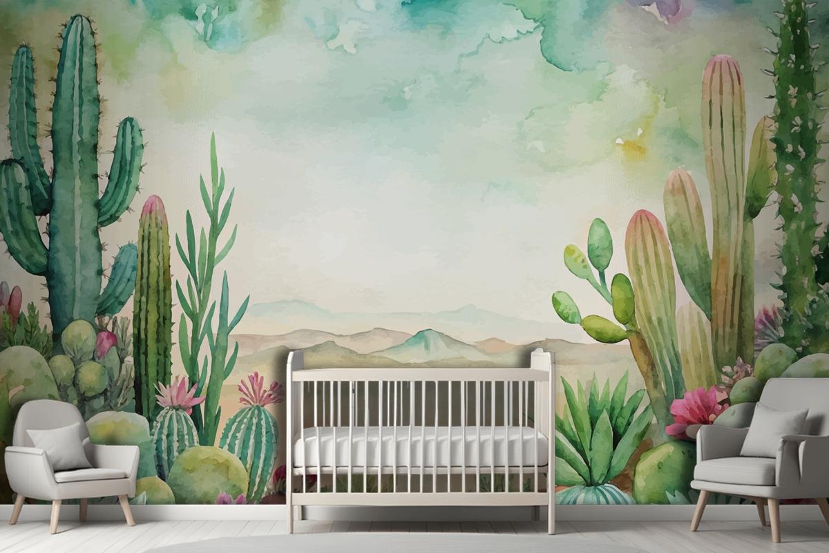 Succulent And Cactus Watercolor Background Wallpaper Mural