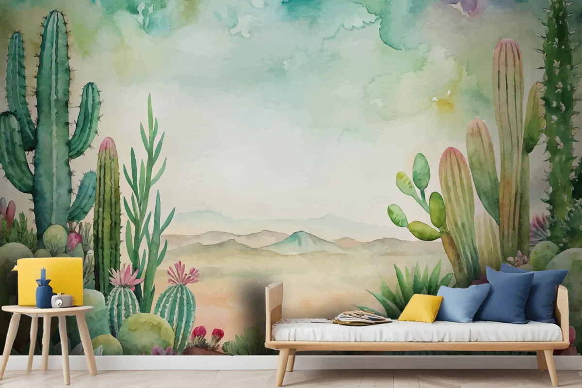 Succulent And Cactus Watercolor Background Wallpaper Mural