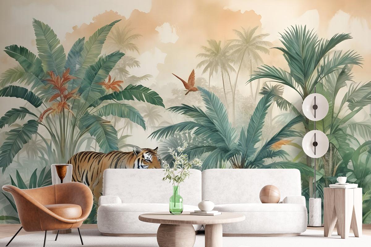 Tiger And Tropical Leaves Wallpaper Mural