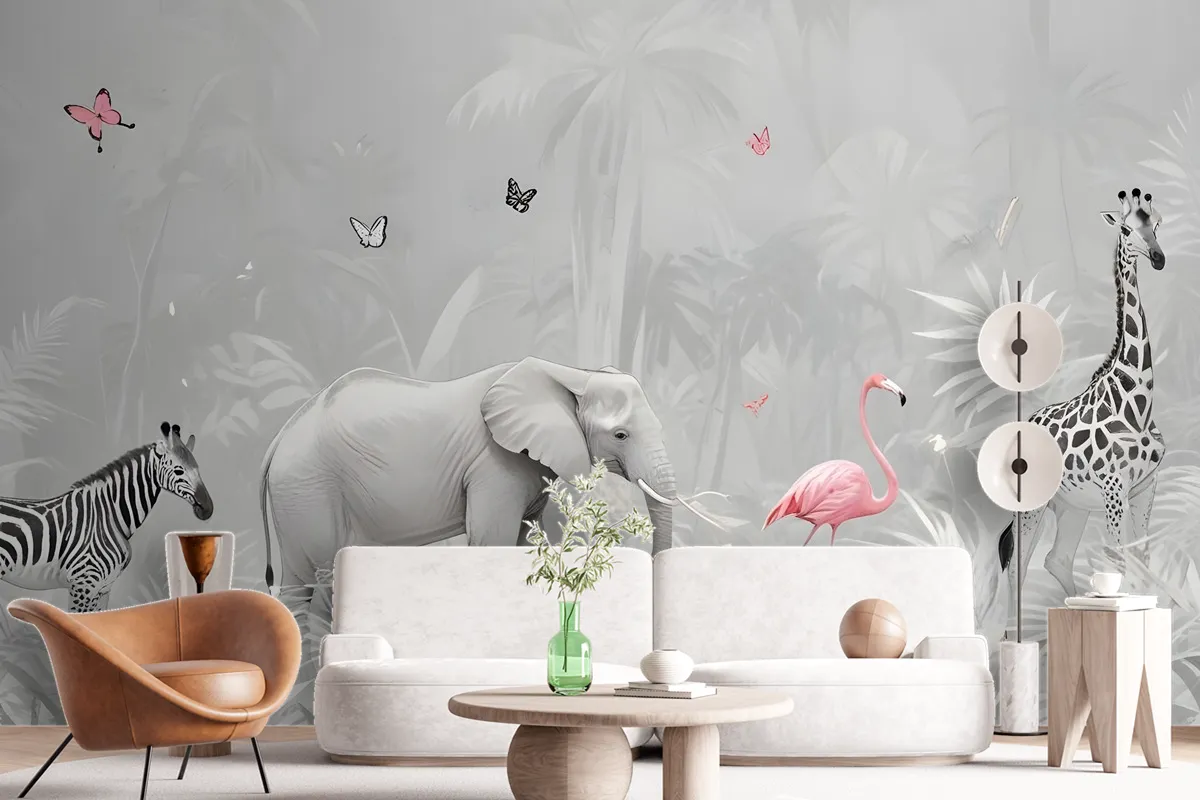 Tropical Animals With Leafs Wallpaper Mural For Children