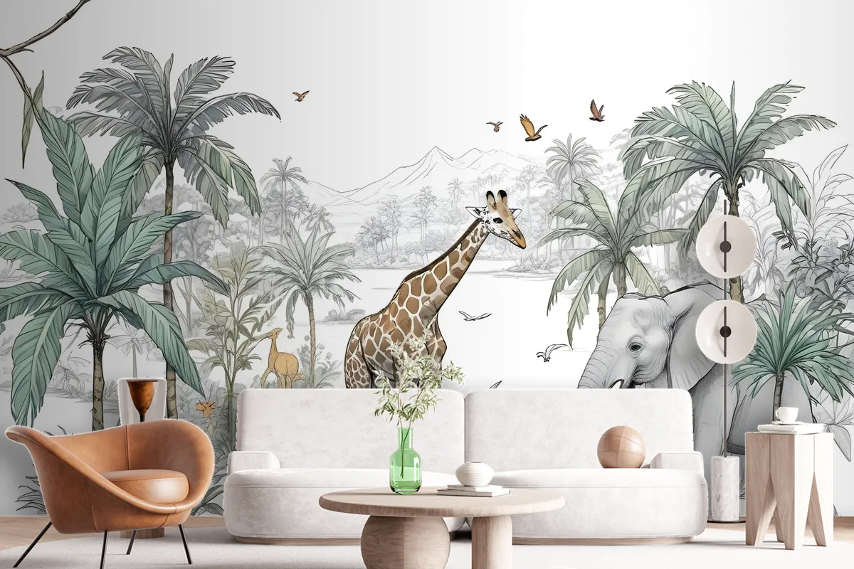 Tropical Animals With Mountain Wallpaper Mural