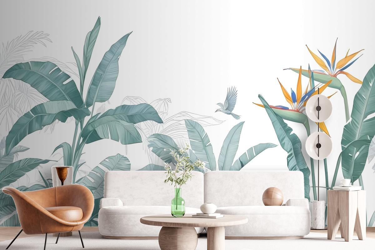 Tropical Banana Leaf With A Bird Wallpaper Mural