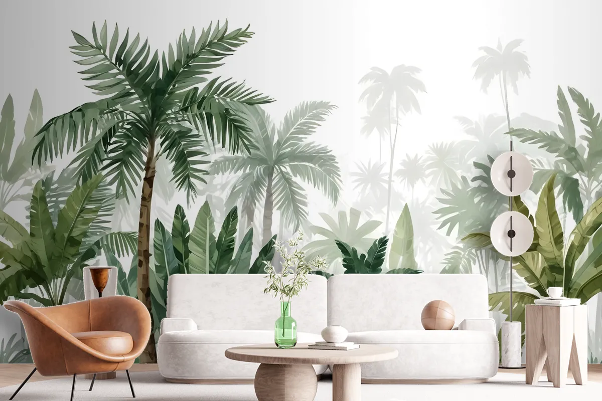 Tropical Cartoon Palm Tree And Banana Leaves Wallpaper Mural