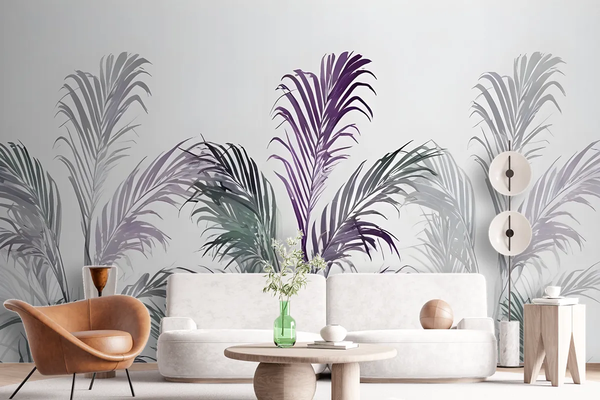 Tropical Fresh Purple Green Palm Leaves Wallpaper Mural