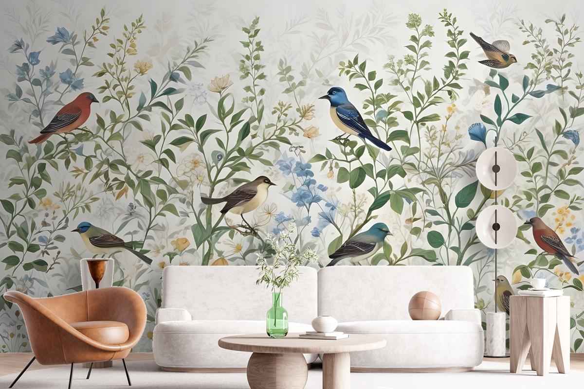 Tropical Green Leaves With Stork Wallpaper Mural