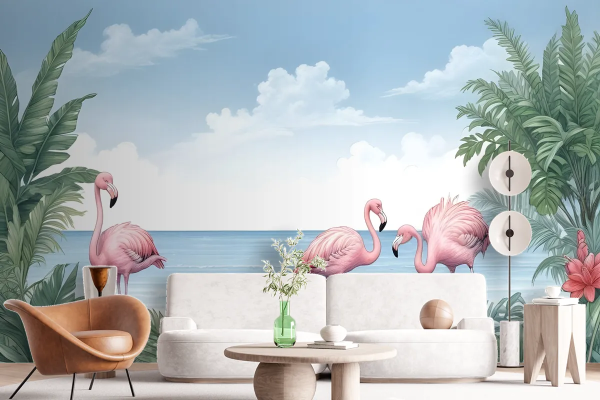 Tropical Landscape With Flamingos Wallpaper Mural