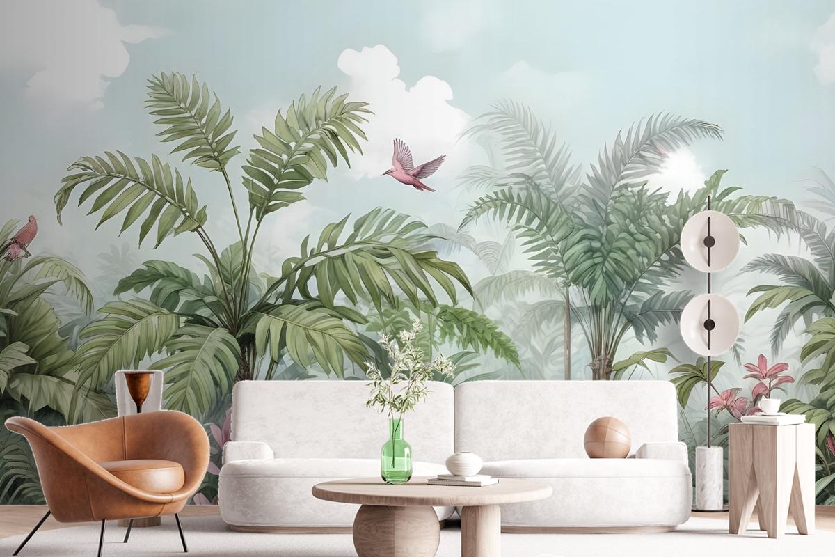 Tropical Leaves With Birds And Florals Wallpaper Mural