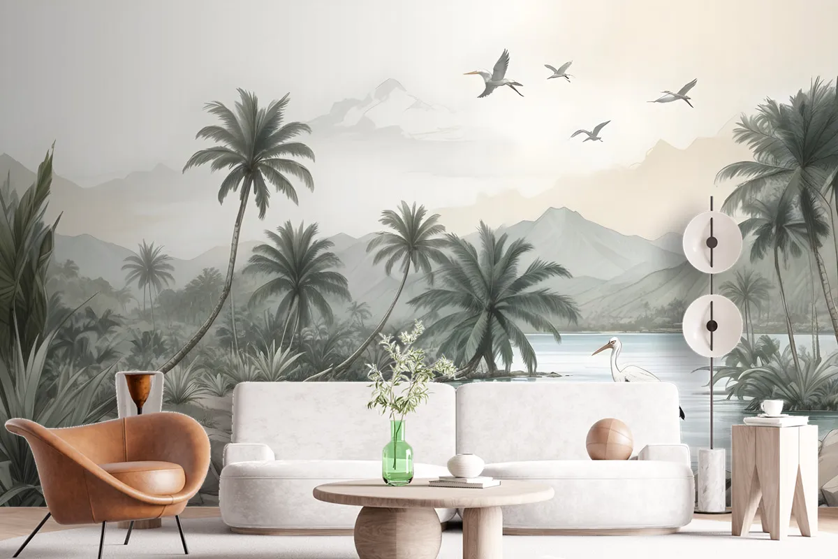 Tropical Nature Landscape With Birds Wallpaper Mural