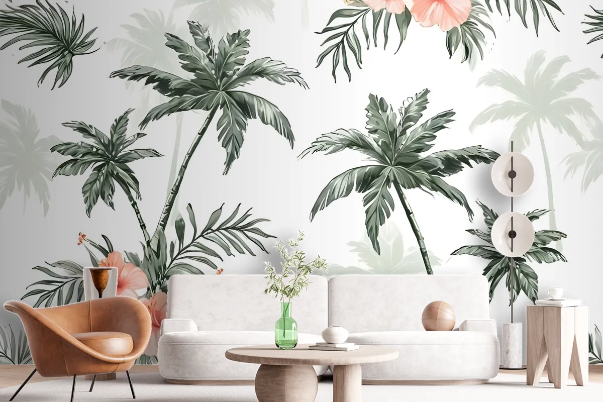 Tropical Palm Tree With Mirabilis Floral Pattern Wallpaper Mural