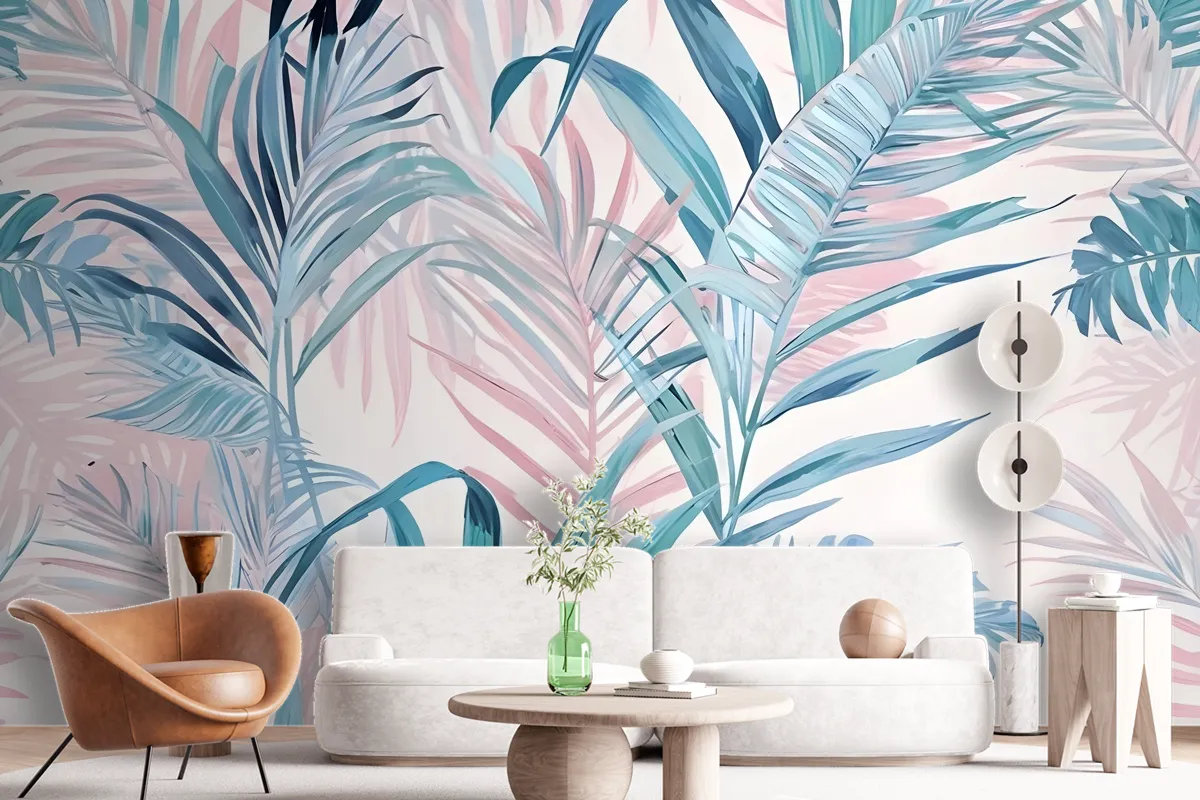 Tropical Pink Exotic Colorful Palm Leaf Wallpaper Mural