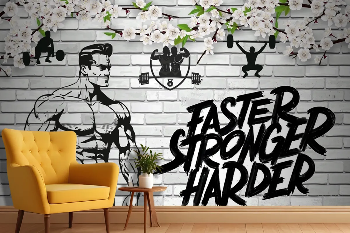 Tuğla Duvar Ve Çiçekler Fitness Gym Duvar Kağıdı