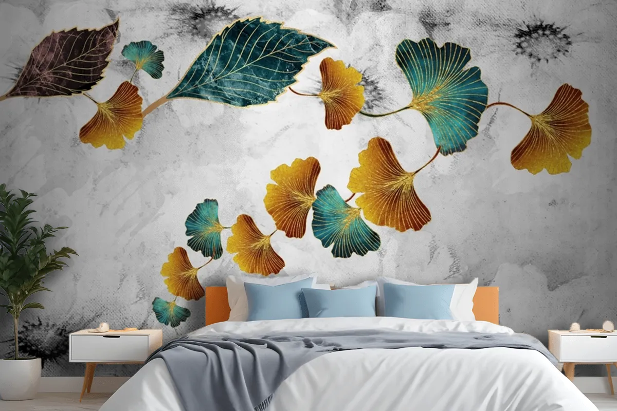 Turquoise And Golden Ginkgo Leaves In Light Gray Canvas Paint Wallpaper Mural