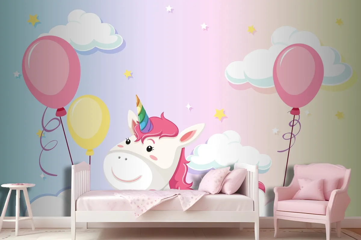 Unicorn Lay On The Cloud On Colorful Pastel Sky Background Wallpaper Mural