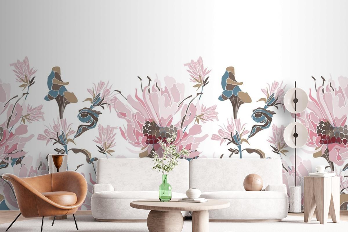 Pink Flowers Herbs Wallpaer Mural