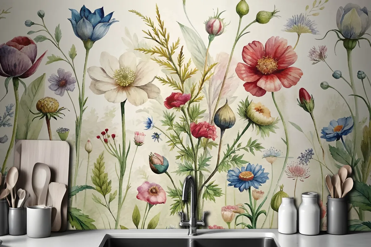 Vintage Botanical Style Wildflower Watercolor Wallpaper Mural