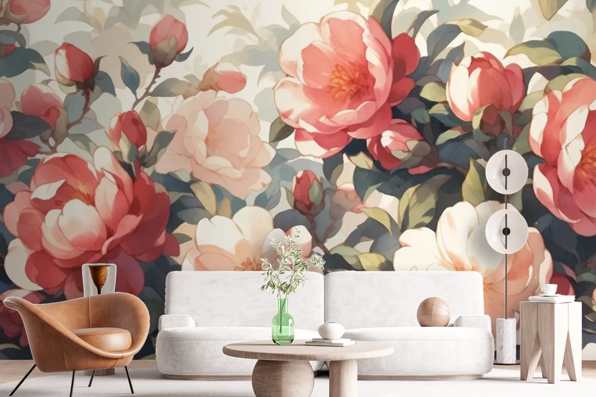 Vintage Camellia Pattern With White Background Wallpaper Mural