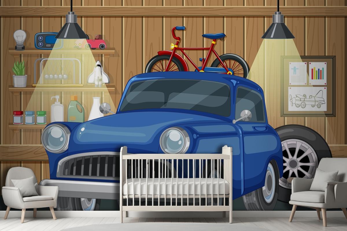 Vintage Car And Bicycle In Wooden Garage Wallpaper Mural